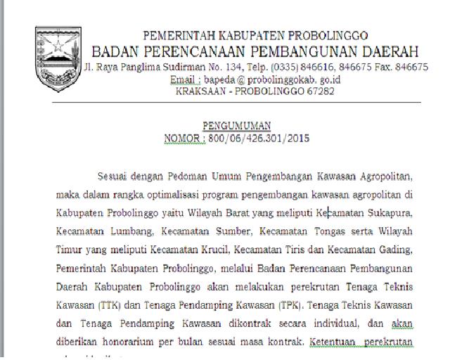 PENGUMUMAN PEREKRUTAN TENAGA TEKNIS KAWASAN DAN TENAGA PENDAMPING KAWASAN AGROPOLITAN KABUPATEN PROB